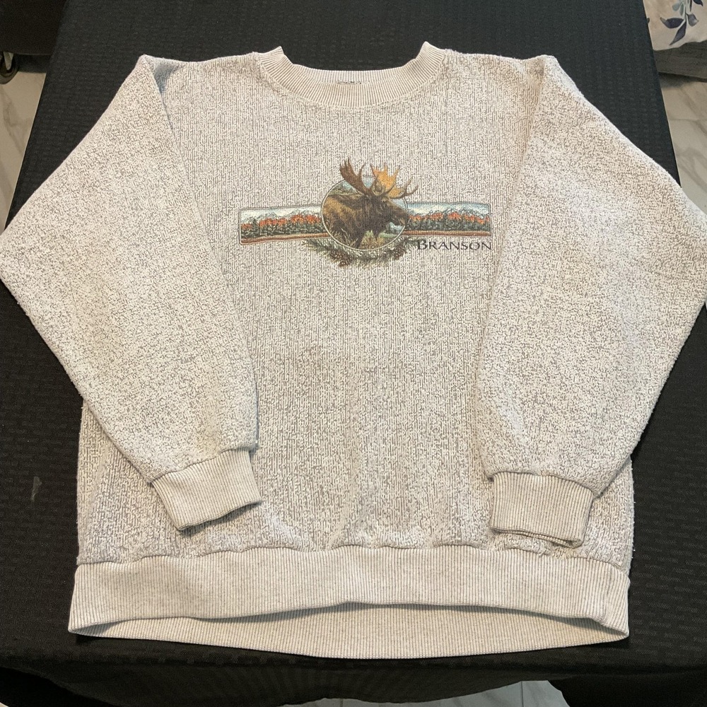 Branson Moose Sweatshirt Mens Large Gray Nature Wildlife Graphic Knit Pullover